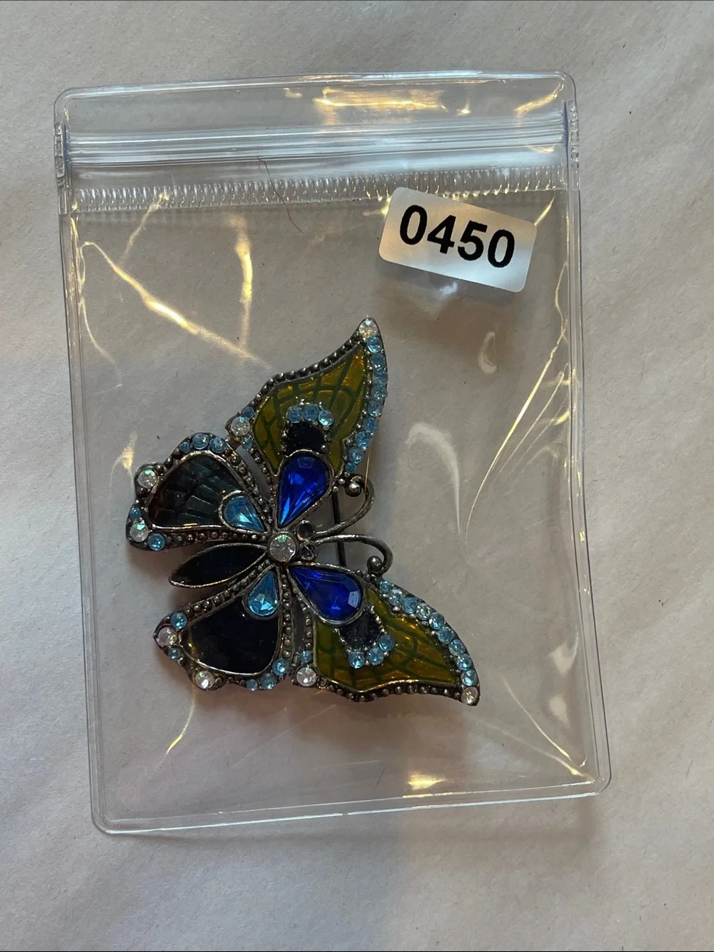 Blue and Yellow Butterfly Brooch with Rhinestones